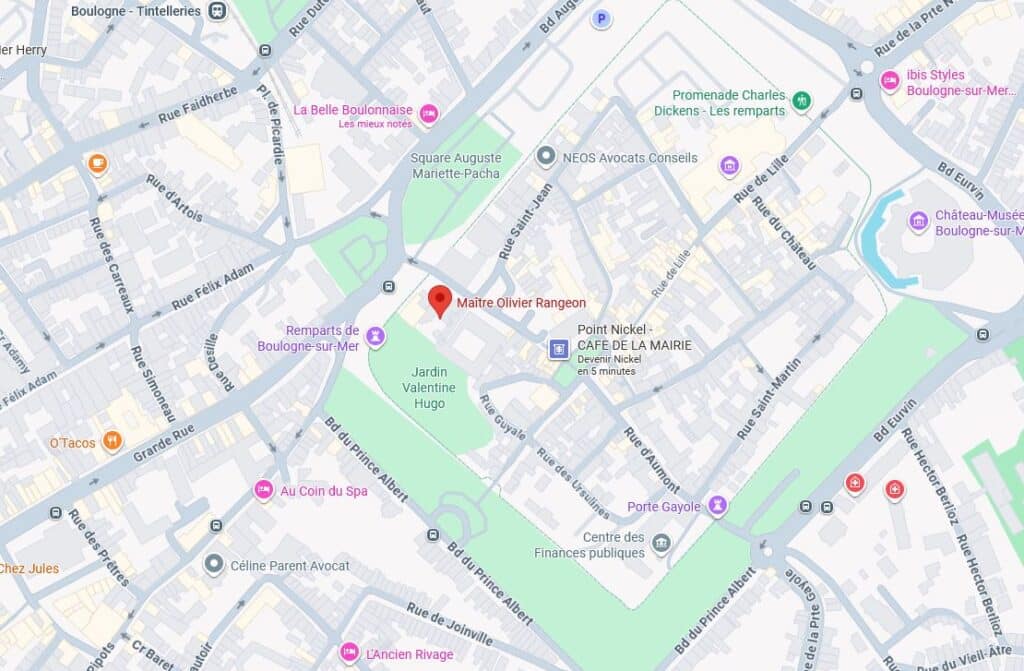 Plan de Boulogne-sur-Mer localisant Maître Olivier Rangeon (épingle rouge), Remparts, Jardin Valentine Hugo et rues principales.